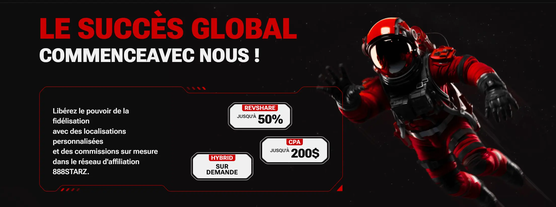 Succès mondial avec le programme d'affiliation 888Starz proposant jusqu'à 50 % de RevShare, 200 $ CPA et des plans hybrides.